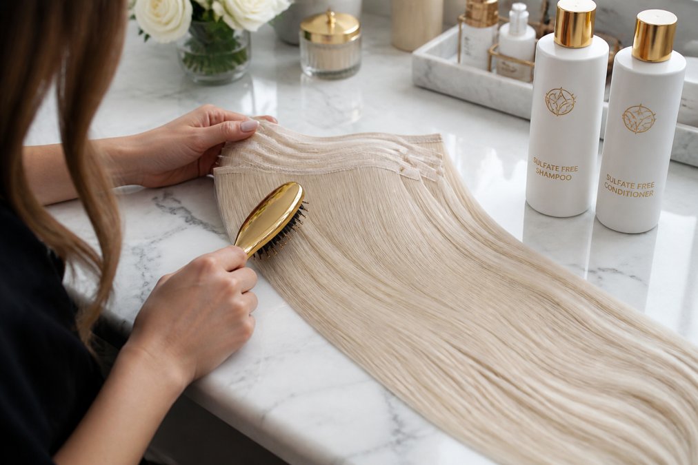 Close-up of a woman's hands gently detangling long, silky human hair extensions with a gold extension brush on a white marble vanity surface, with sulfate-free shampoo and conditioner bottles arranged neatly in soft natural light