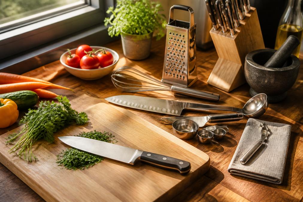 Close-up of a sharp chef's knife slicing through fresh herbs and vegetables on a wooden cutting board with morning light streaming across the workspace