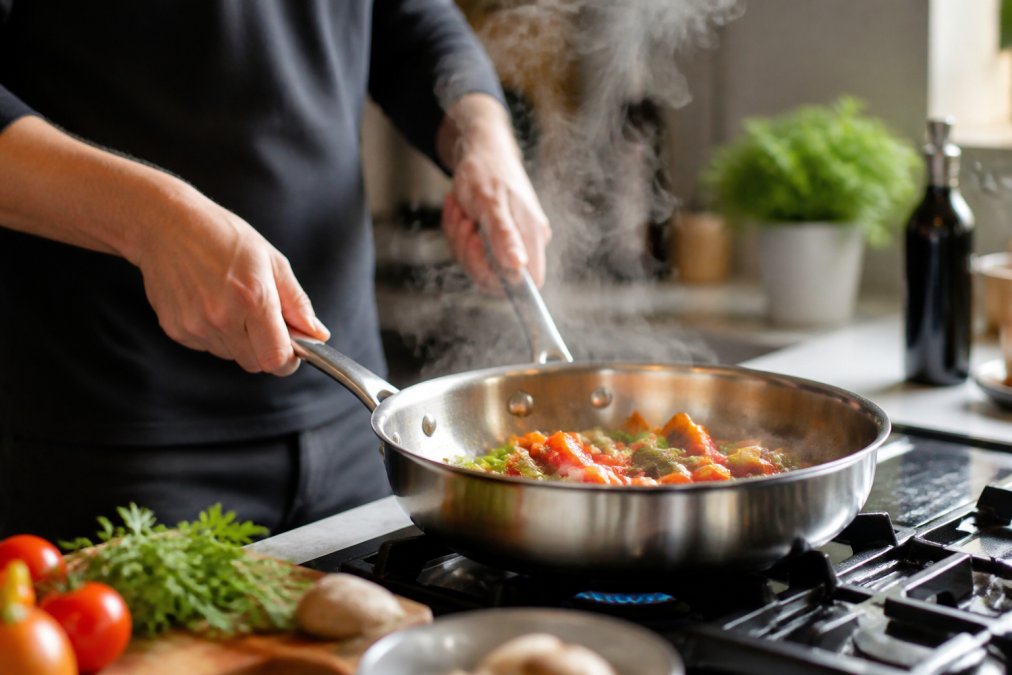 A home cook actively using a stainless steel fry pan on a stovetop with visible steam rising and fresh ingredients being sautéed, demonstrating the cookware in action during meal preparation