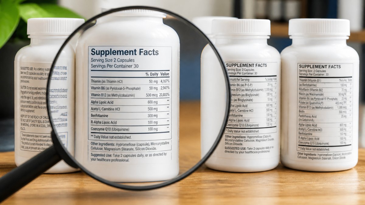 Close-up of professional-grade supplement bottles with clear labeling showing ingredient lists and dosage information on a clean wooden surface with a magnifying glass