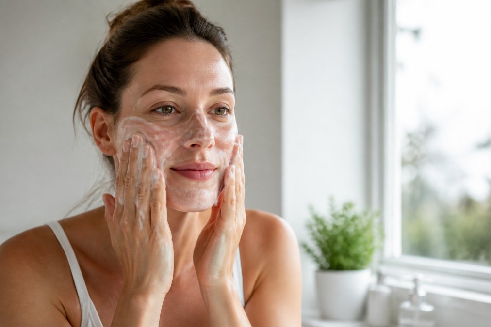Close-up of hands applying gentle cleanser to face in a bright, minimalist bathroom with natural morning light streaming through a window