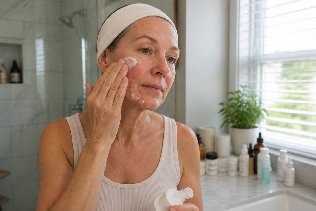 Person applying broad-spectrum sunscreen to their face with visible light peeling and redness on cheeks, standing in a bright bathroom with skincare products on the counter