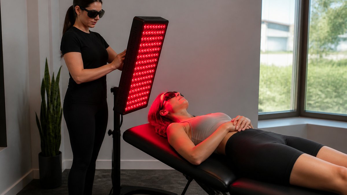 Professional demonstrating red light therapy panel treatment in modern clinical setting with natural lighting, showing proper treatment distance and body positioning