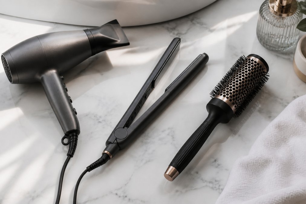 A flat lay of premium hair styling tools on a clean white marble surface, featuring a modern ionic hair dryer, a sleek ceramic flat iron, and a self-cleaning round brush, arranged neatly with soft natural light