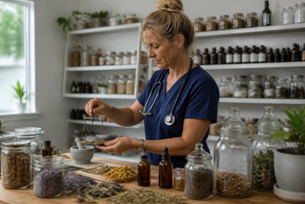 Registered nurse in clinical attire carefully measuring and preparing herbal botanical specimens in a bright, organized healthcare workspace with shelves of tincture bottles and dried herbs visible in soft natural lighting