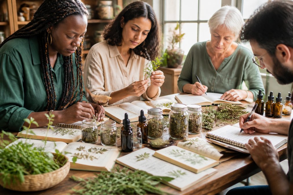 Diverse group of adult students in a herbalism workshop, carefully examining fresh botanical specimens and taking detailed notes at a wooden table with dried herbs, tincture bottles, and reference guides visible in natural daylight