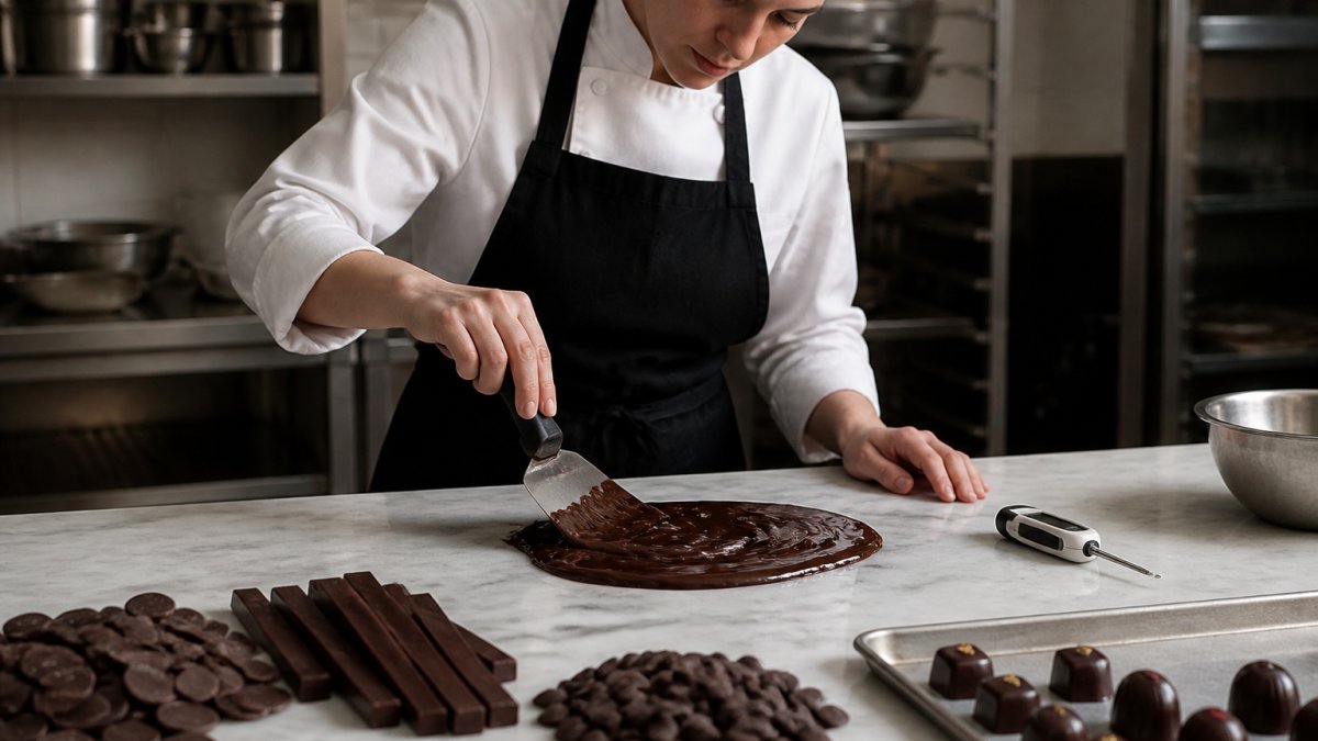 A pastry chef in a professional kitchen tempering dark chocolate fèves over a marble slab, with a spatula and thermometer nearby and finished chocolate bonbons on a tray