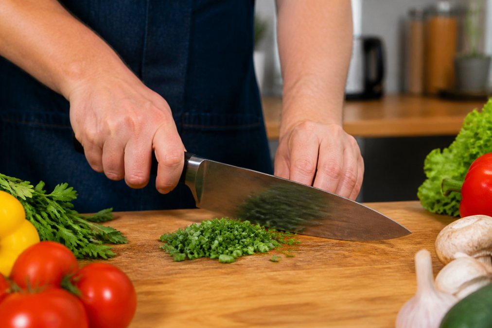 Close-up of a home cook's hands gripping a full-tang chef knife on a wooden cutting board, fresh vegetables and herbs nearby in a bright kitchen