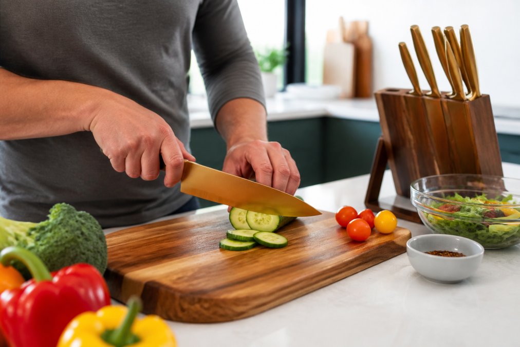 Home cook slicing fresh vegetables with a titanium-coated chef knife on a wooden board in a modern kitchen