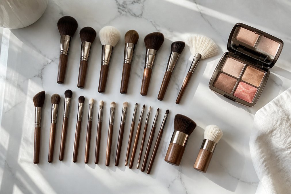 Flat lay of multiple professional makeup brushes with natural wood handles arranged neatly on a white marble surface, small open makeup palette positioned to the right, soft natural daylight from the left
