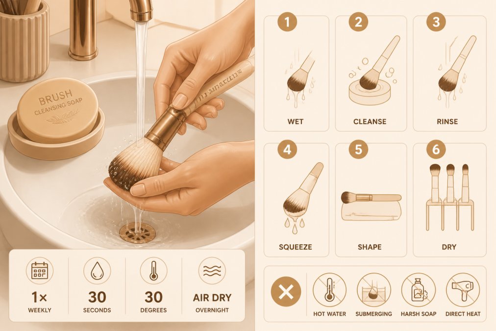 Close-up of hands gently washing a fluffy makeup brush under running water over a white ceramic sink, bar of brush cleansing soap resting on the edge, soft warm bathroom lighting