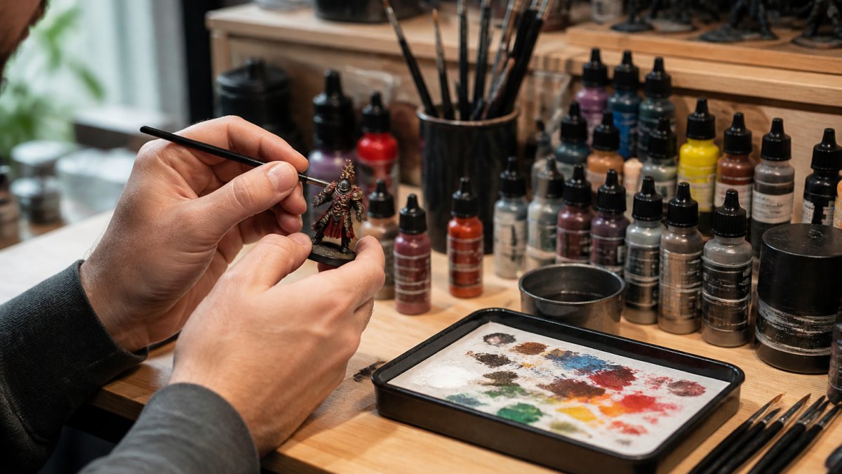 Professional miniature painter's workspace with multiple Green Stuff World paint bottles, brushes, wet palette, and a tabletop figure mid-paint, natural studio lighting