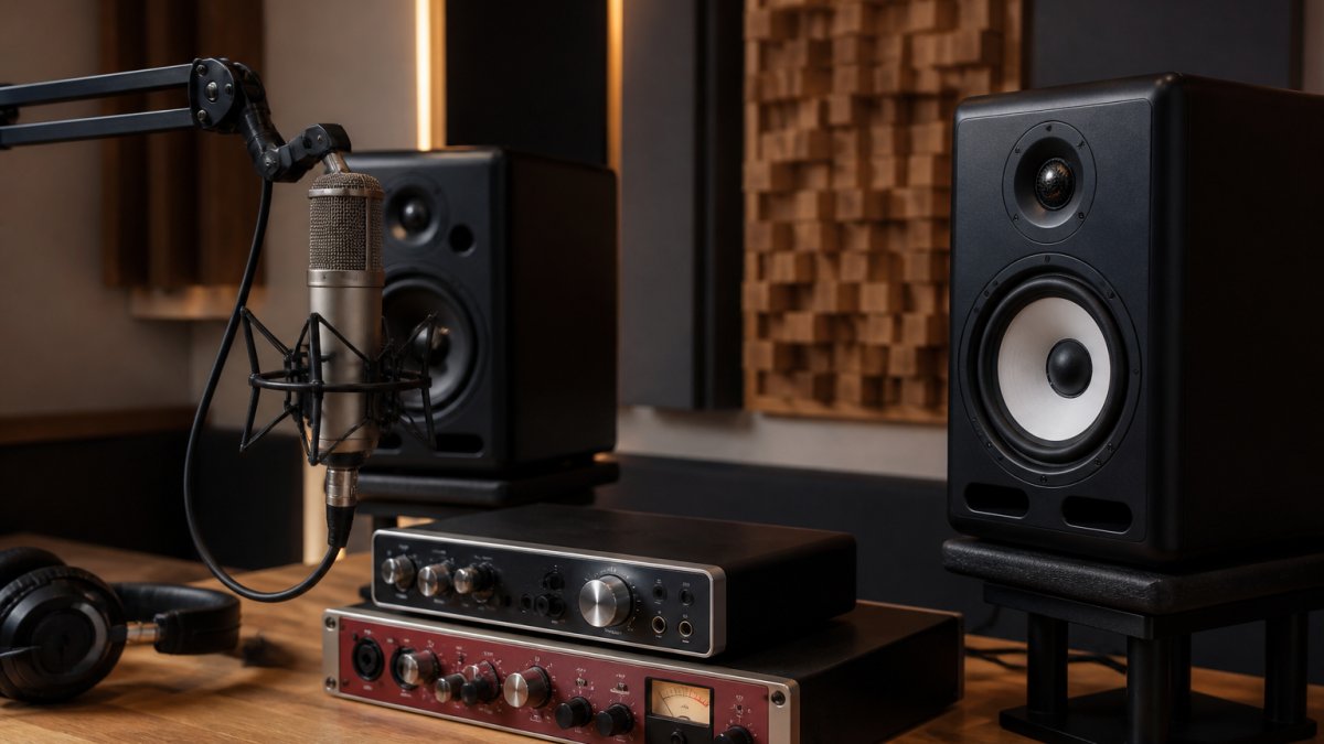 Professional recording studio setup with studio monitors on acoustic isolation stands, condenser microphone on boom arm, audio interface, preamp, and wooden desk with acoustic treatment visible in the background