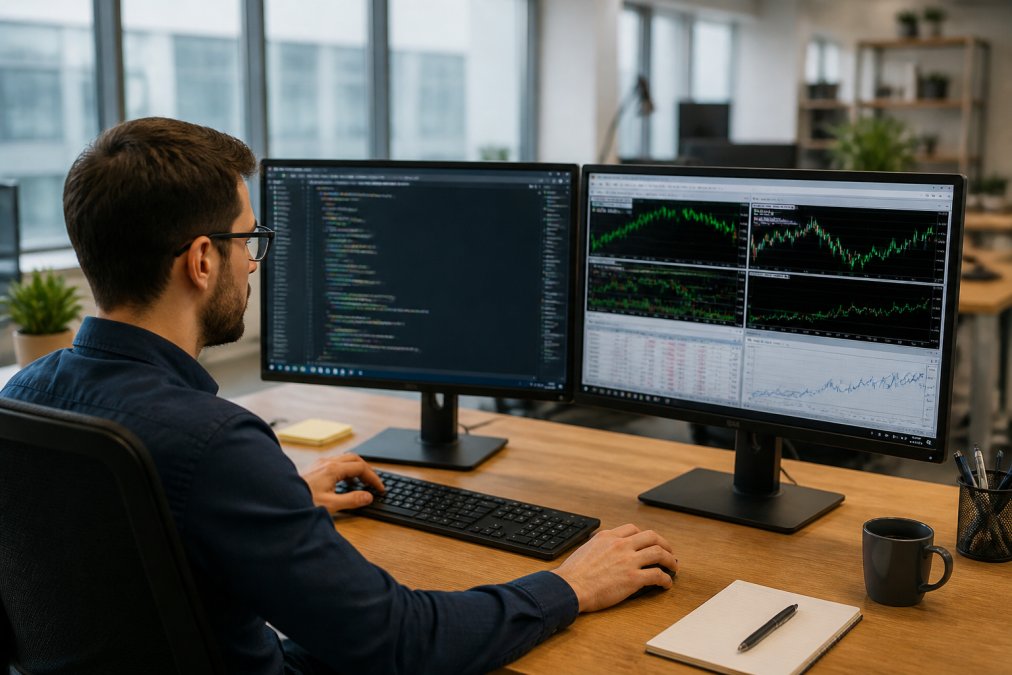 Professional developer working at dual-monitor setup displaying code on one screen and MT5 trading platform with performance metrics on the other, modern office environment with natural lighting
