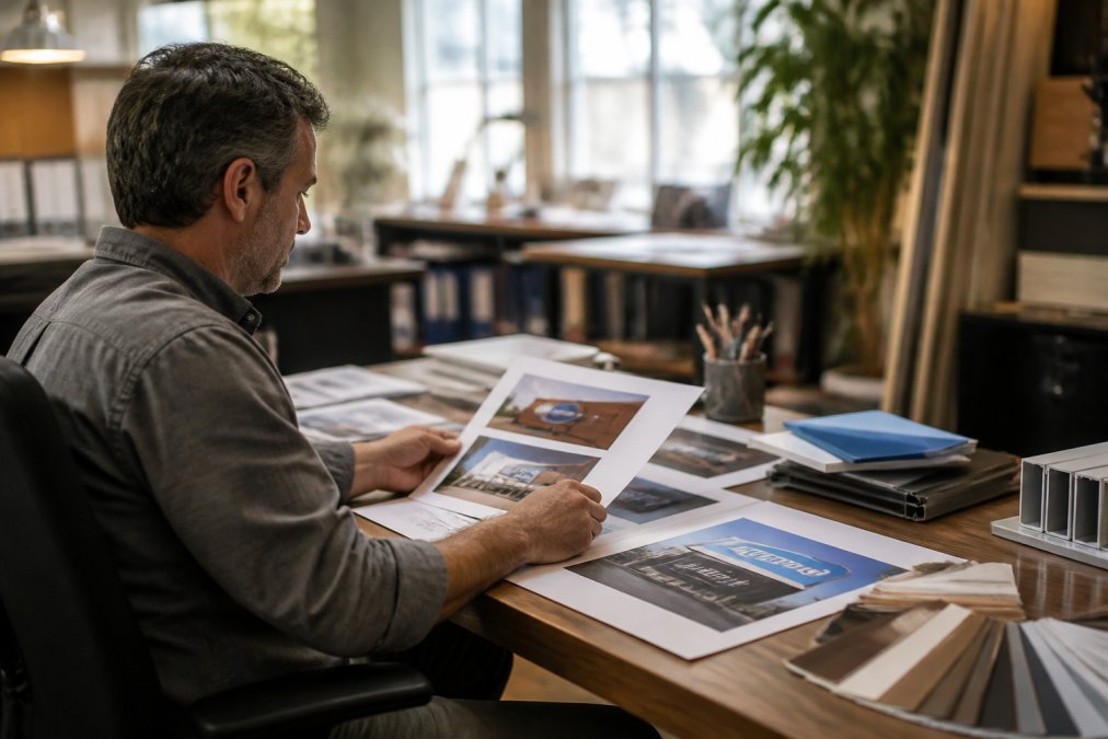 A project manager at a desk reviewing a digital dashboard on a large monitor, with printed signage proofs and material samples spread out beside the keyboard, warm office lighting