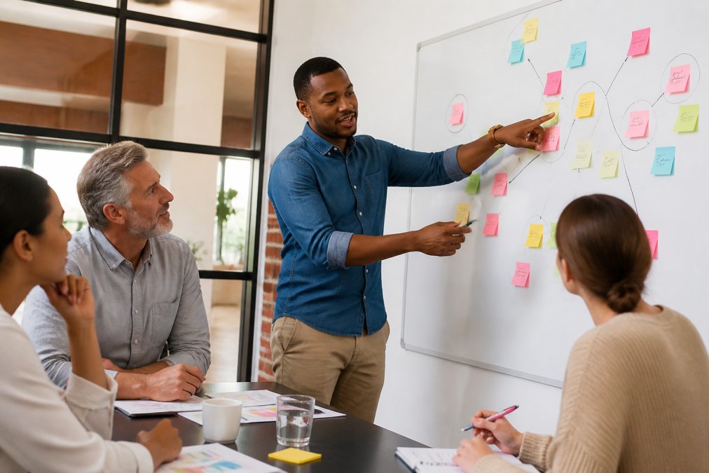 Diverse team collaborating on a project management tools strategy board