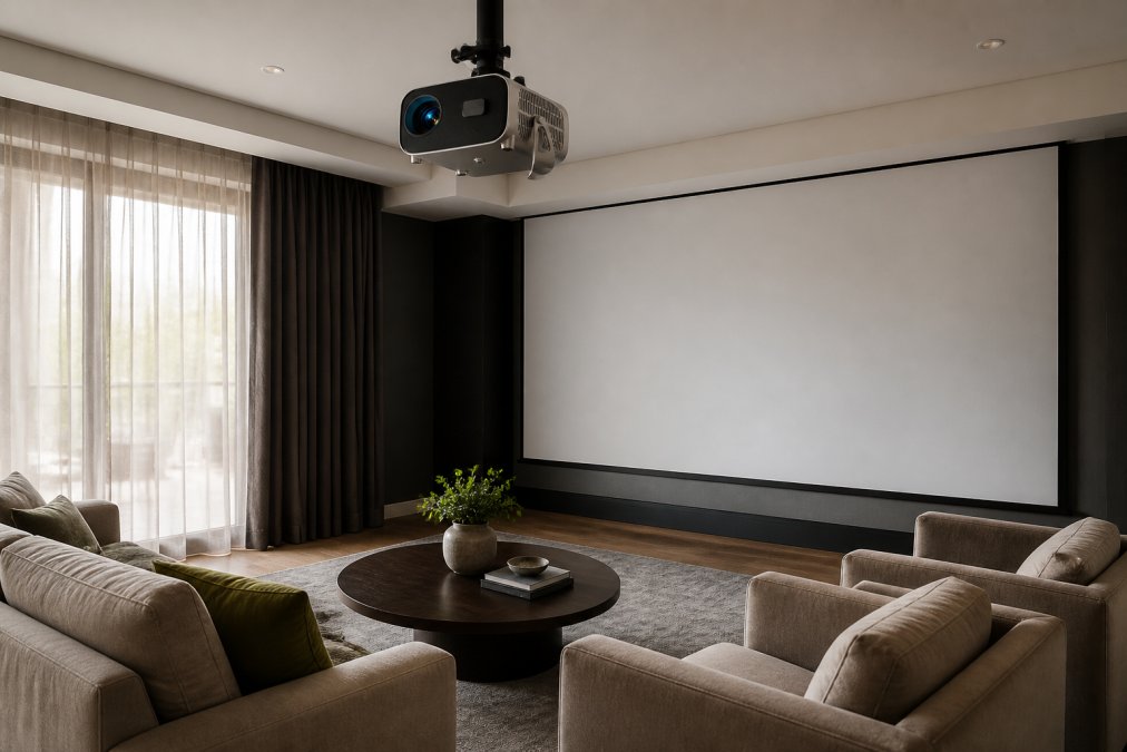 Modern living room with ceiling-mounted projector casting a large image onto a white projection wall, with comfortable seating arranged 12 feet back, natural window light filtered by blackout curtains