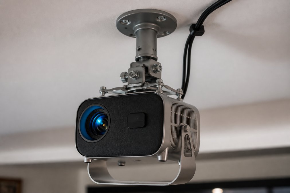 Close-up of projector ceiling bracket with flexible mounting hardware, showing adjustment mechanisms and cable management, mounted in a home theater space with white ceiling