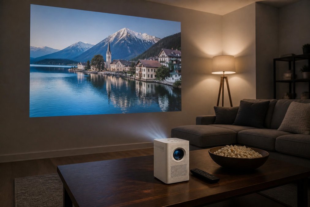 A compact white projector sitting on a dark wood coffee table in a cozy, dimly lit living room, projecting a large, vivid image onto a smooth white wall, with a gray sectional sofa and warm floor lamp visible in the background