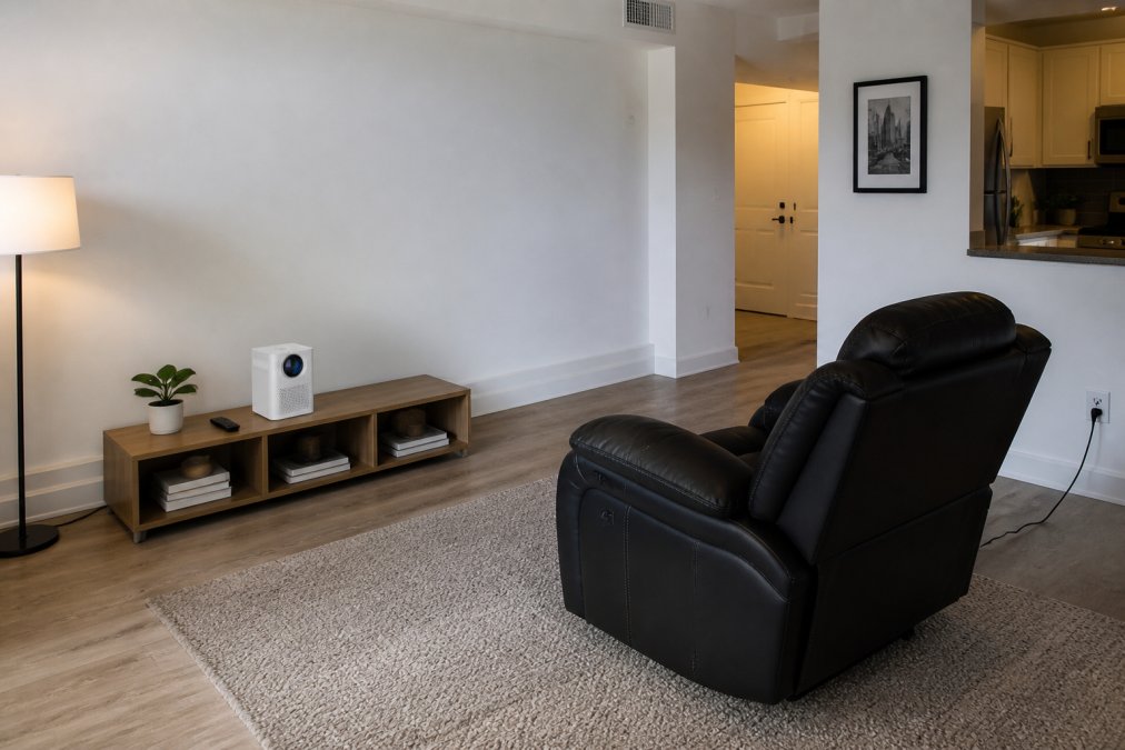 A neatly arranged small apartment living room with a compact projector on a low wooden shelf, cables routed cleanly along the baseboard, a smooth white wall used as a projection surface, and a single power recliner positioned for optimal viewing distance from the wall