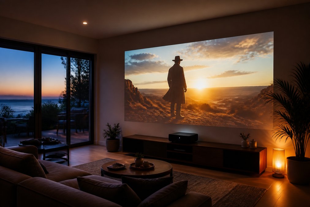 A modern living room at dusk with a projector displaying a movie on a large wall screen, ambient lighting, and cozy furniture arranged for viewing