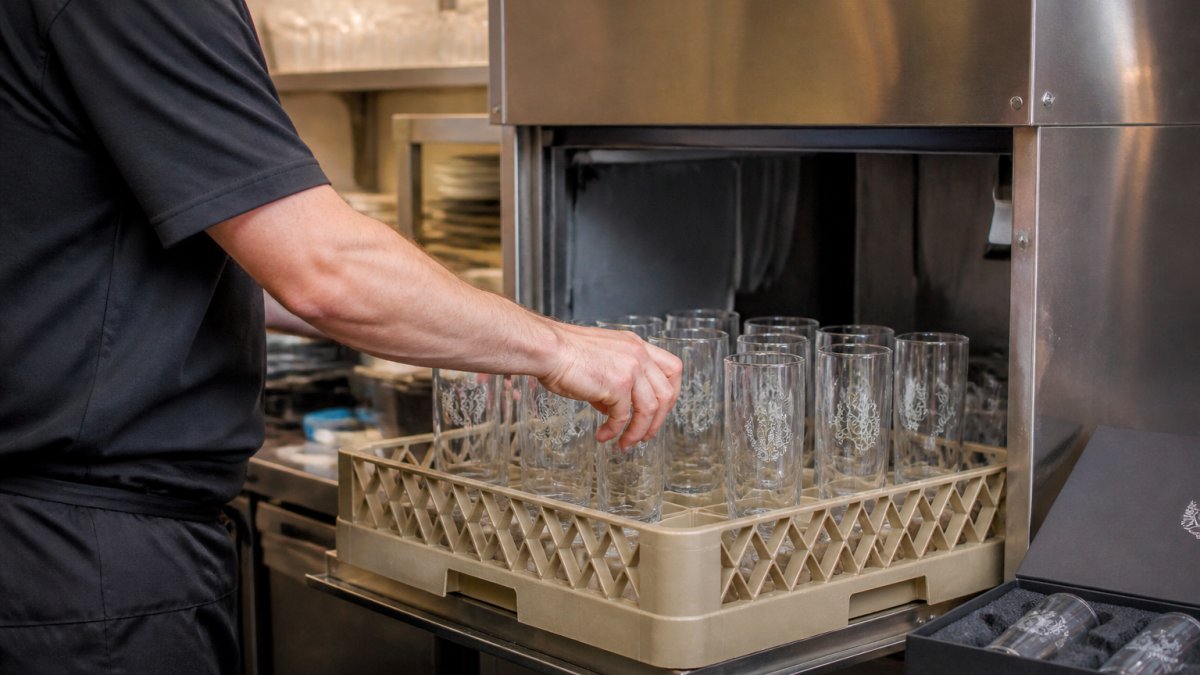 Close-up of a restaurant kitchen worker loading branded pint glasses into a commercial dishwasher rack, etched logos visible on the glass surfaces under warm overhead lighting