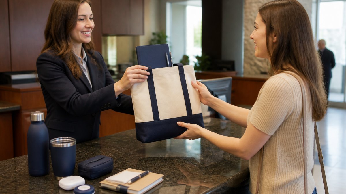 A bank teller handing a branded canvas tote bag filled with a custom notebook and pen to a smiling customer at a branch counter, other promotional items arranged on the counter under warm branch lighting
