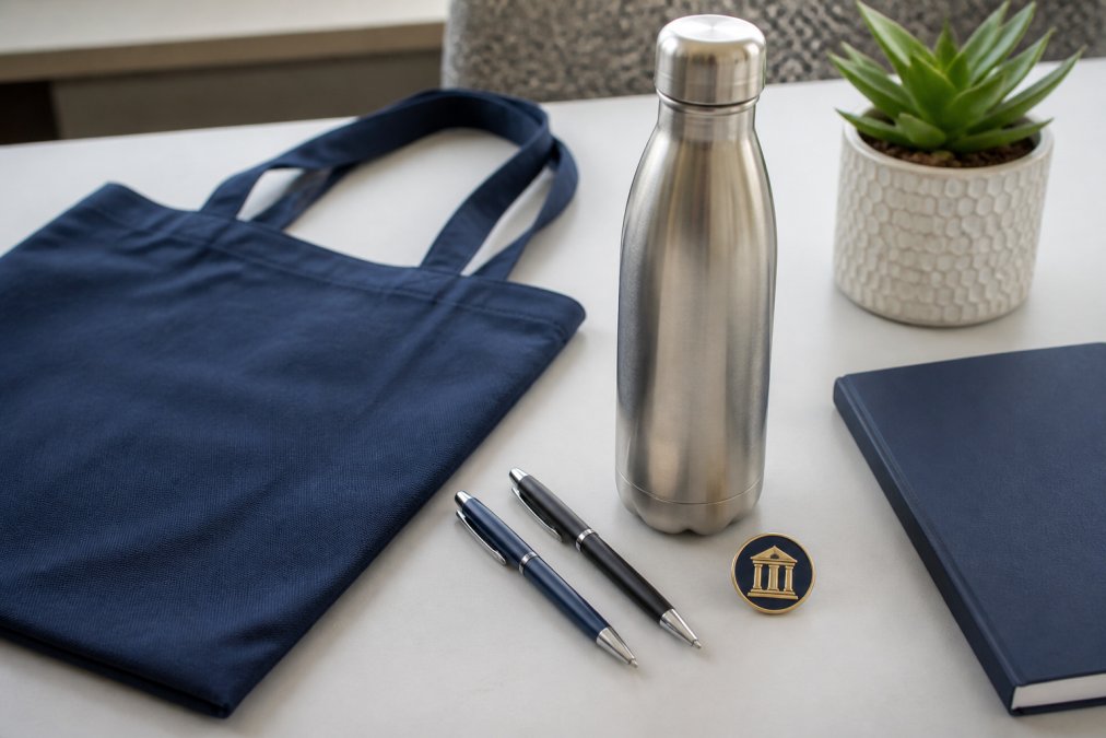 A neatly arranged flat-lay of branded government promotional items including custom pens, a tote bag, a stainless steel water bottle, and a lapel pin arranged on a clean white desk surface under soft natural light