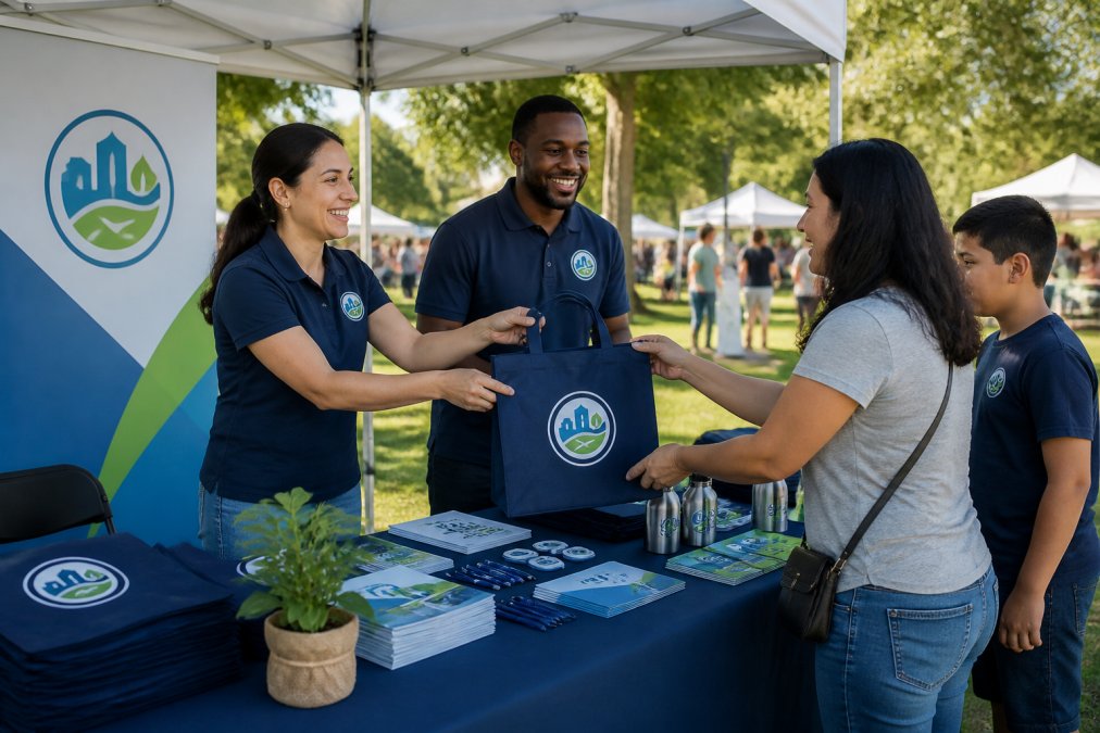 A government outreach booth at an outdoor community fair, staffed by two employees in matching branded polo shirts handing branded tote bags to community members, with a custom banner displaying the agency logo in the background under bright afternoon sunlight