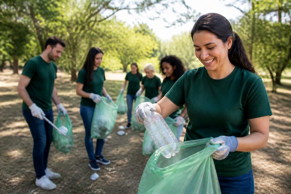 Nonprofit volunteers wearing matching branded t-shirts at a community service project or charity event, showing coordinated promotional apparel in action