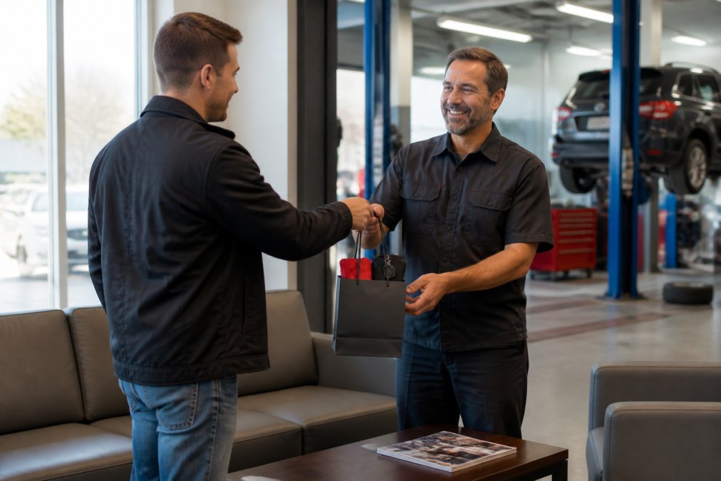 Auto shop owner giving a customer promotional products in a branded gift bag inside a clean repair shop waiting area