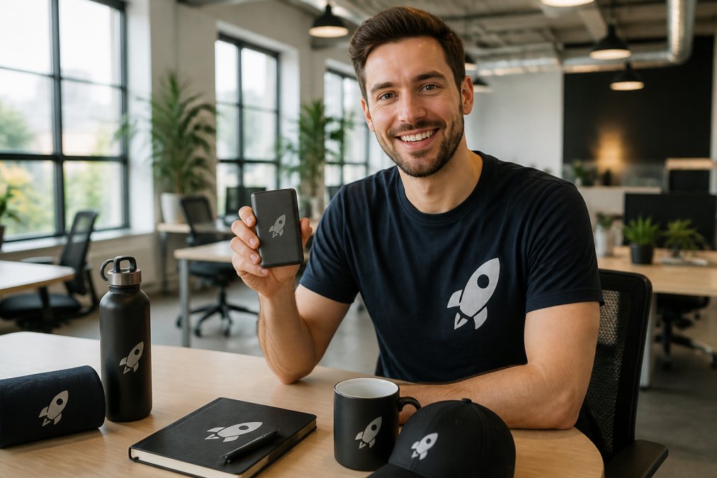Young startup team member wearing branded t-shirt and holding a custom power bank at a modern office desk with natural window lighting