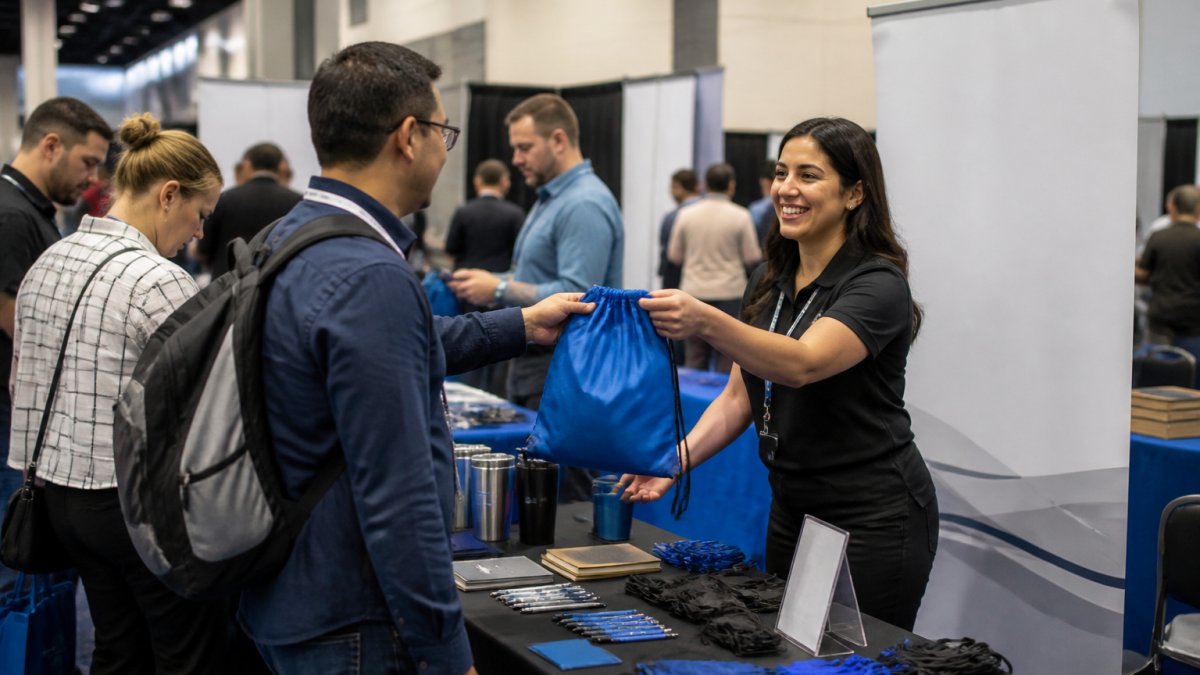 A busy trade show booth with a branded retractable banner stand and a staff member handing a custom drawstring bag to an attendee, other visitors browsing a table display in the background