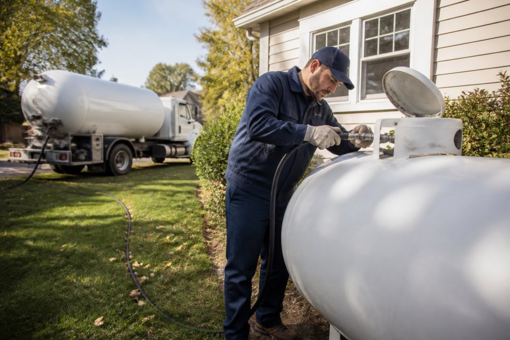 A delivery driver in a navy uniform filling a residential propane tank in a suburban Long Island backyard, delivery truck visible in the background on a sunny afternoon