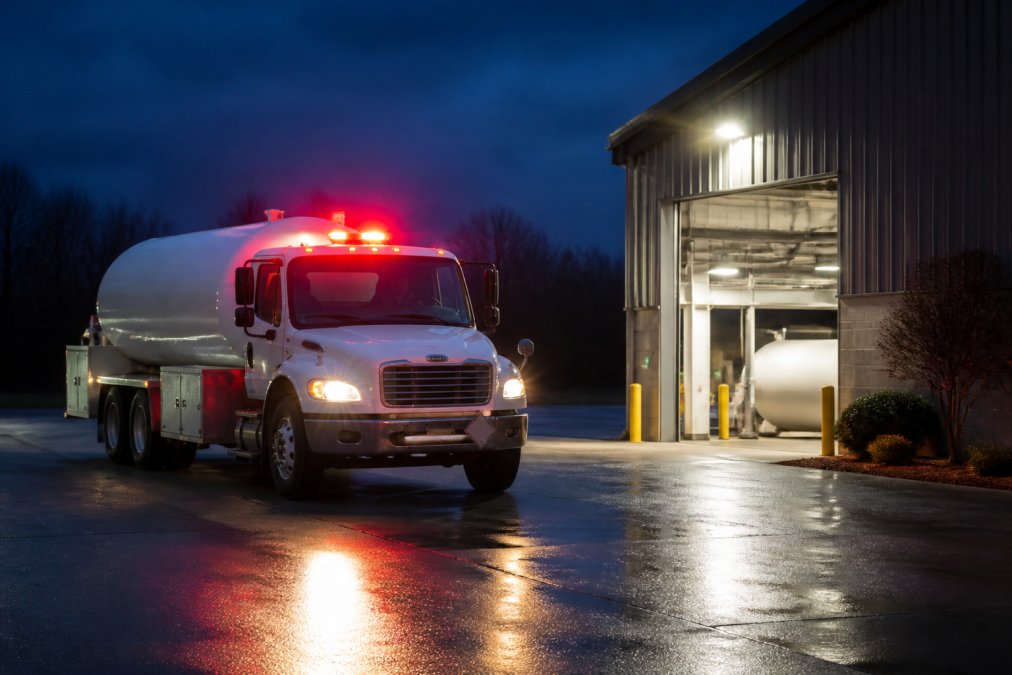 Propane delivery truck with emergency lighting activated pulling into a commercial facility parking lot during evening hours