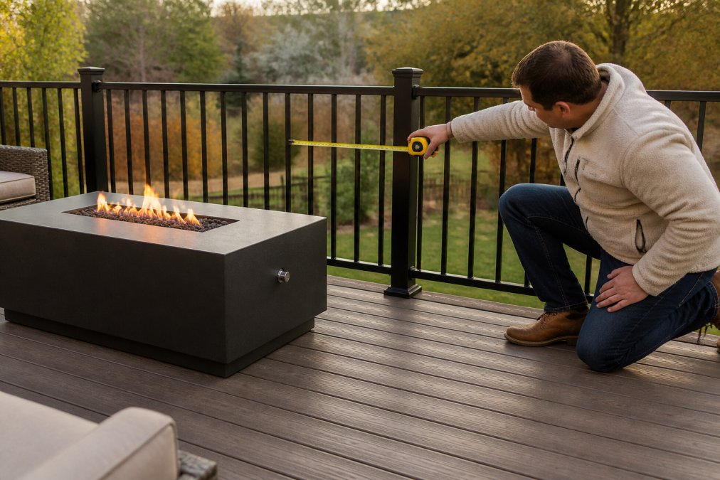 Diagram illustrating safe clearance distances between a rectangular fire table and deck railing