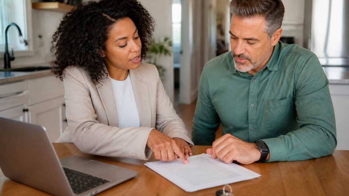 A property owner and a property manager reviewing a rental agreement at a kitchen table in a Hampton Roads home, with a laptop and house keys nearby