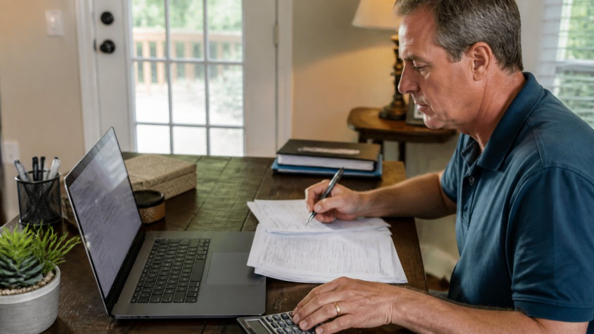 A landlord sitting at a home office desk reviewing rental property income and expenses on a laptop, with a calculator and paperwork nearby