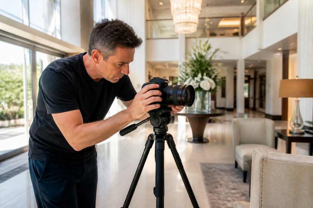 A professional photographer adjusting a wide-angle lens on a tripod in a bright, modern hotel lobby with large windows and natural light streaming in