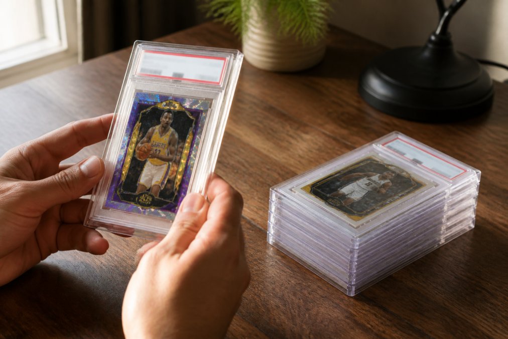 A collector's hands holding a PSA-graded card in a clear protective case next to a stack of other graded cards on a wooden desk, with soft natural light highlighting the card's surface and case clarity