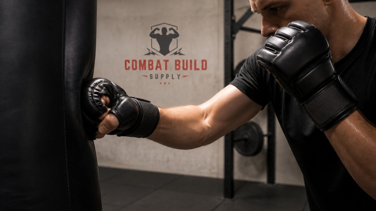 Close-up of beginner fighter's hands wearing properly fitted MMA gloves with visible multi-layer padding and hook-and-loop closure system during controlled striking practice on heavy bag