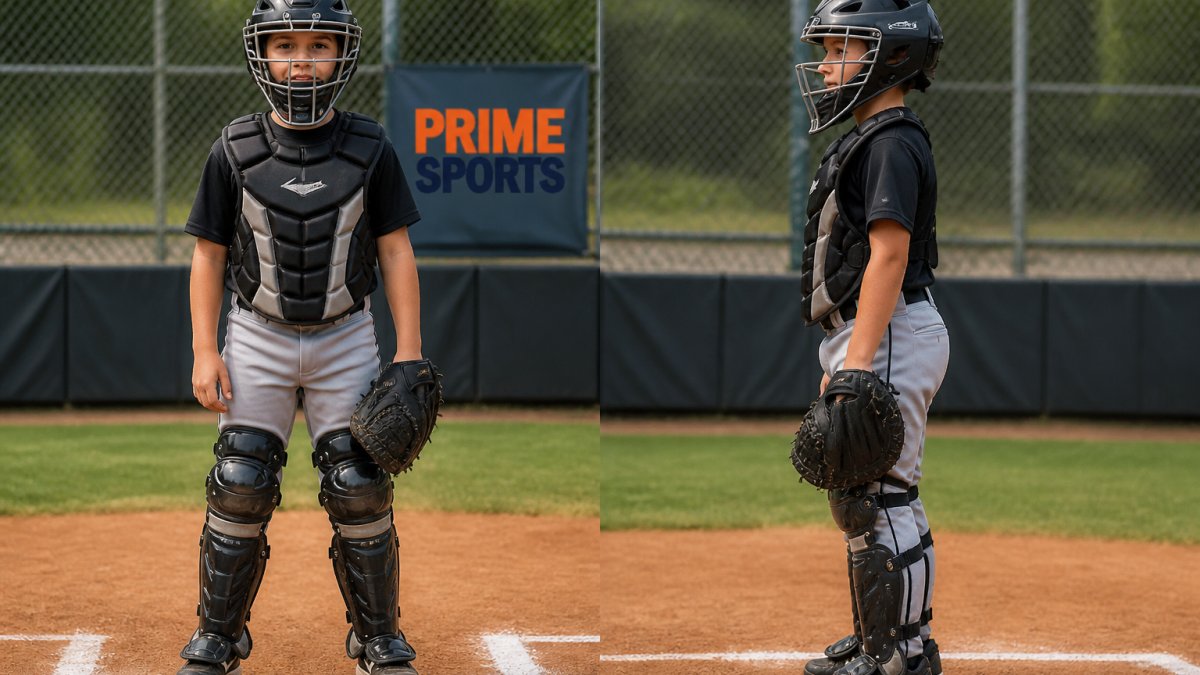 Young catcher ages 9-12 wearing properly fitted protective gear, shown from front and side angles demonstrating correct helmet fit with snug chin pad, chest protector aligned with shoulders, and leg guards covering knees properly in bright outdoor baseball field setting