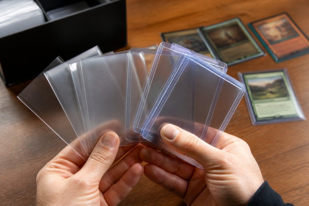 Close-up of hands holding several trading card sleeves of different materials, including clear soft sleeves and rigid toploaders, laid out on a wooden table with a few collectible cards nearby