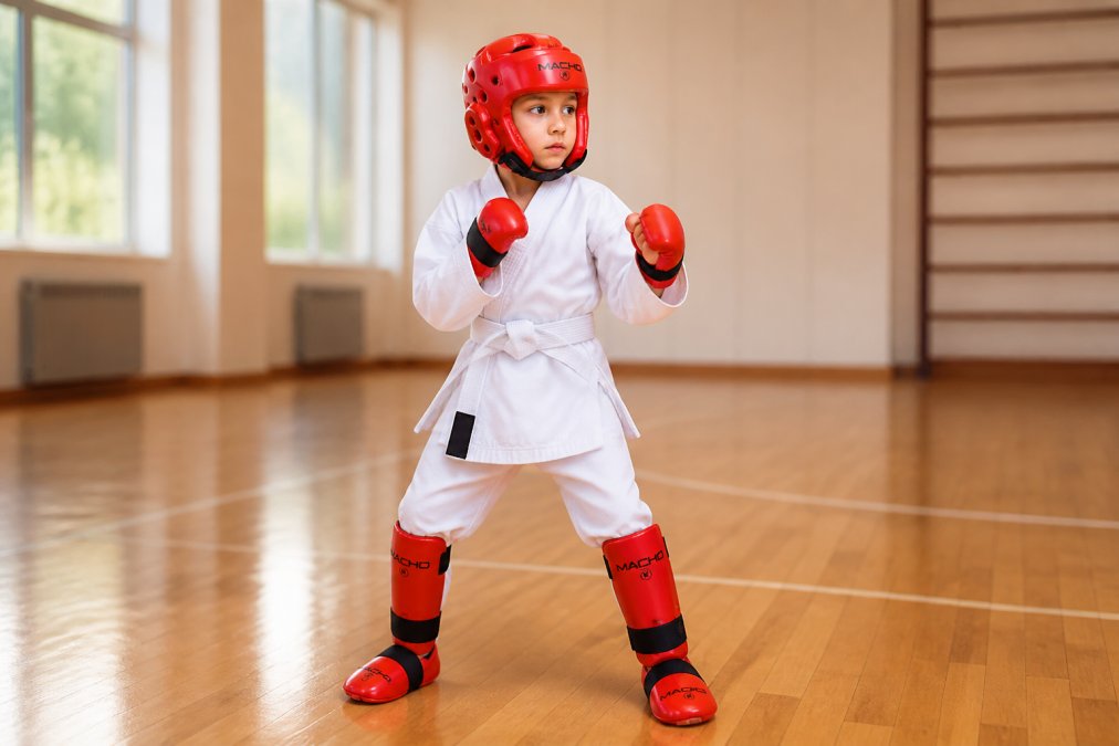 A young child wearing a full set of martial arts sparring gear including red headgear, gloves, shin guards, and foot protectors, standing in a karate ready stance on a wooden dojo mat under bright gymnasium lighting