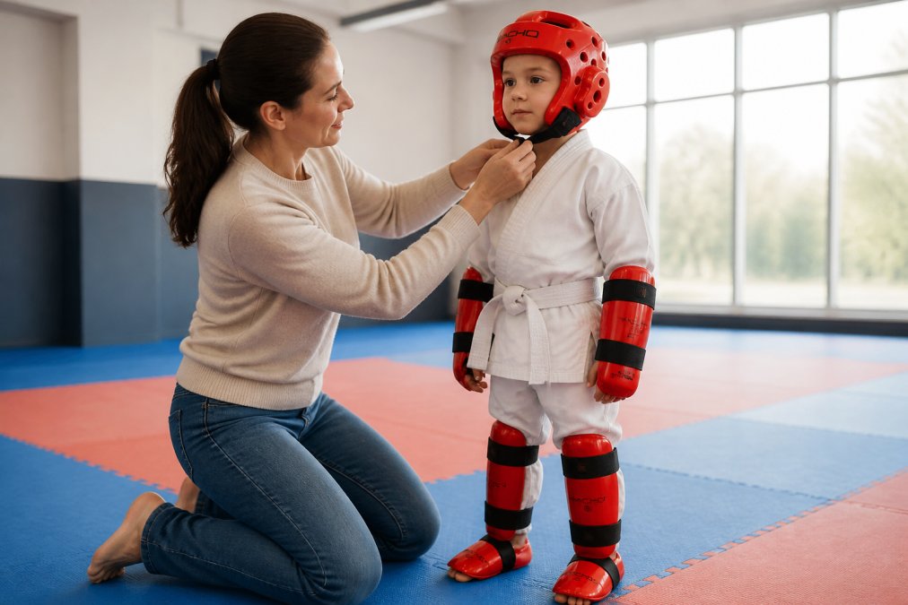 A parent kneeling beside a child in a white martial arts uniform, carefully adjusting the velcro chin strap on a red sparring headgear to check the fit, in a bright dojo with natural light coming through large windows