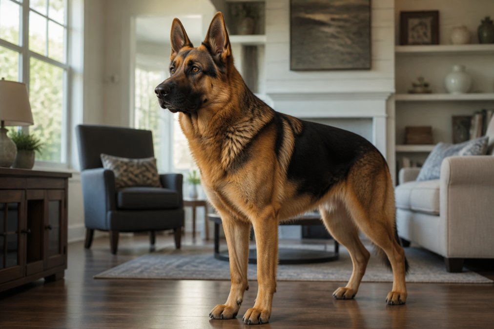 Alert German Shepherd in a standing guard position, ears forward, in a home setting with natural daylight streaming through windows