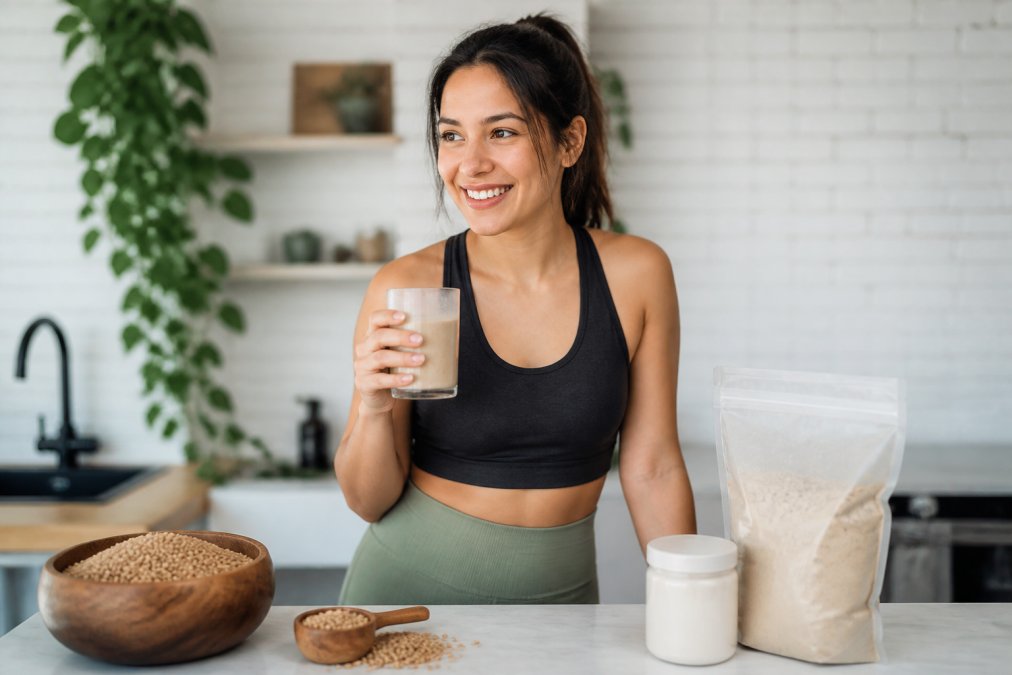 Person preparing a plant-based protein for sensitive stomachs with chocho beans in a bright kitchen.