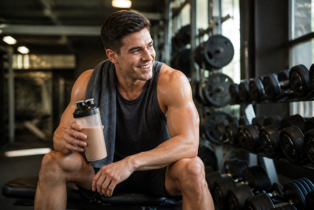 Beginner bodybuilder in modern gym holding protein shake after workout, with dumbbells and weight plates visible on rack in background, natural gym lighting