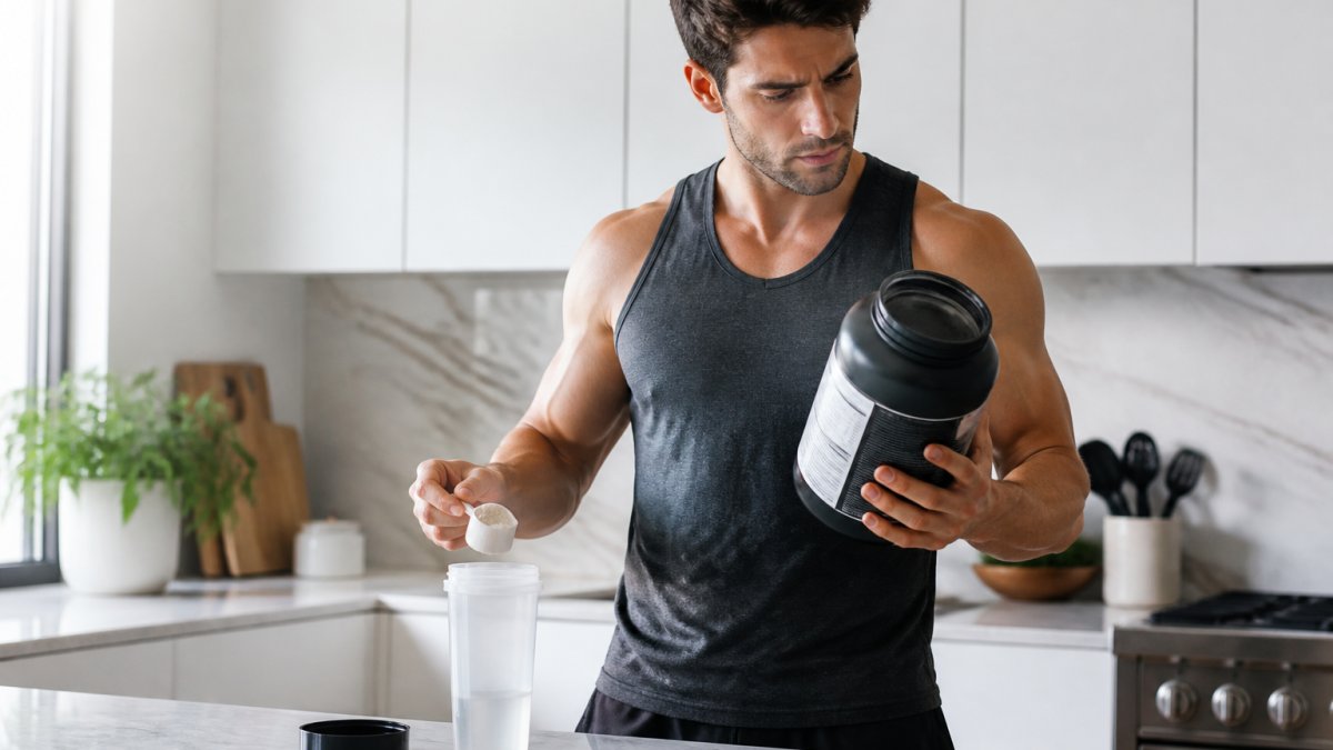 A fit adult in athletic wear holding a protein powder tub in a bright kitchen, reading the Supplement Facts label on the back before scooping powder into a shaker bottle