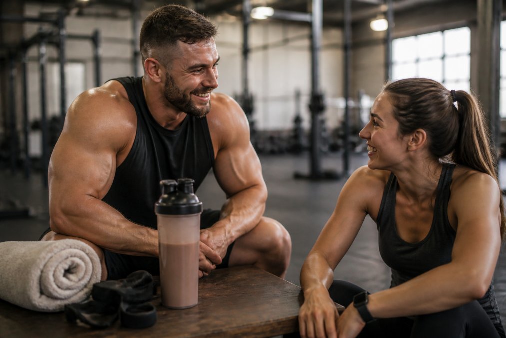 A black shaker bottle filled with chocolate protein shake sits on a wooden gym bench next to a rolled towel and black lifting straps, with a blurred gym floor in the background under bright overhead lighting